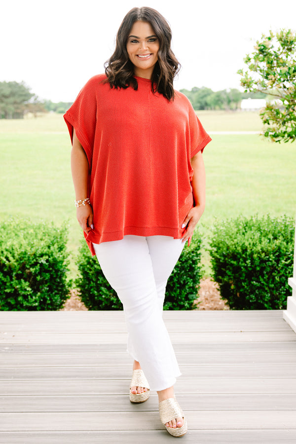 Chic Soul plus size clothing, burnt orange relaxed short sleeve ribbed top with seam down middle 