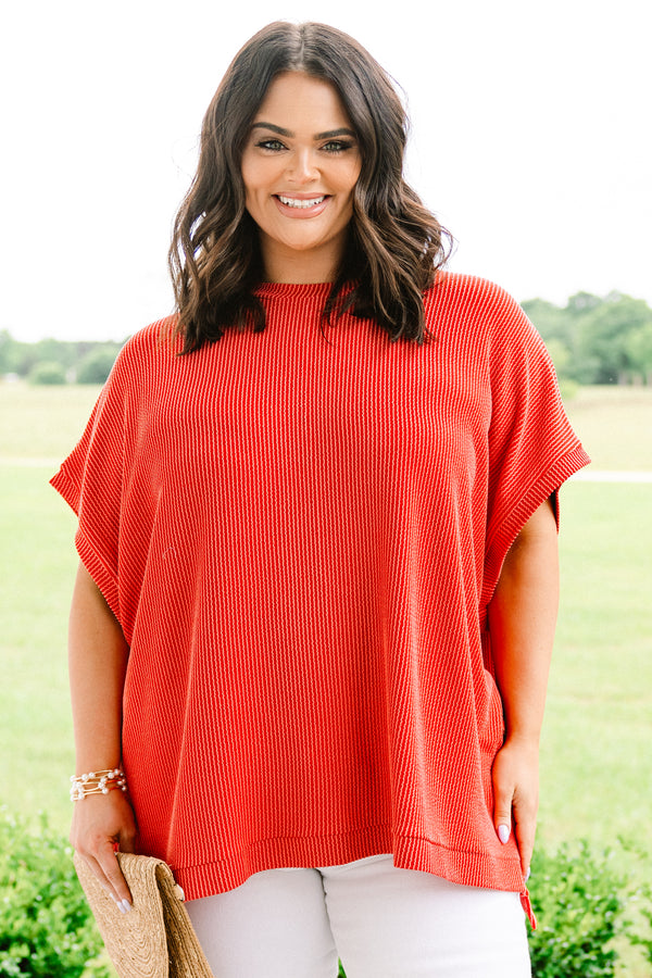 Chic Soul plus size clothing, burnt orange relaxed short sleeve ribbed top with seam down middle 