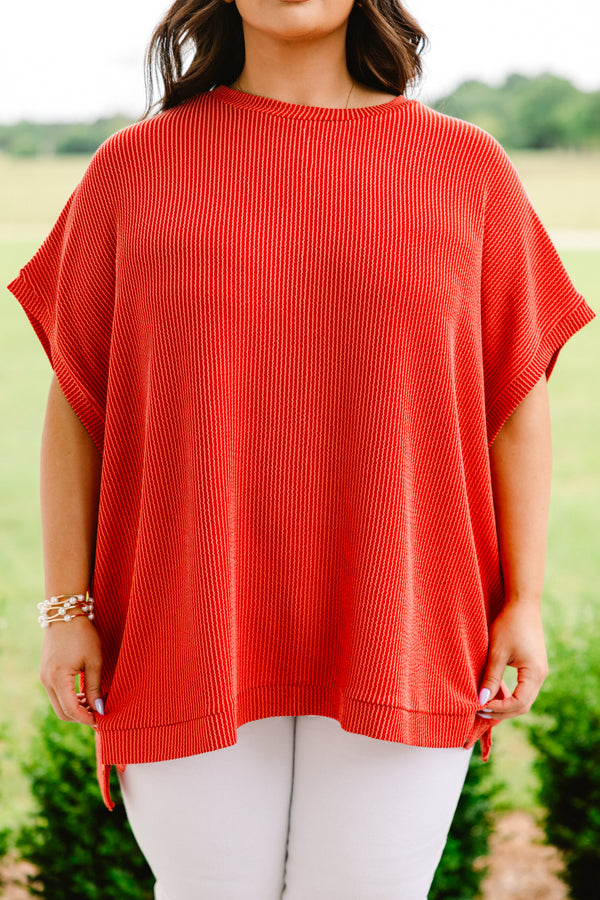 Chic Soul plus size clothing, burnt orange relaxed short sleeve ribbed top with seam down middle 