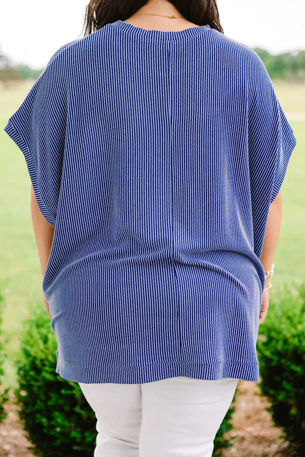Plus Size dark blue ribbed knit oversized top with short sleeves and a round neckline.