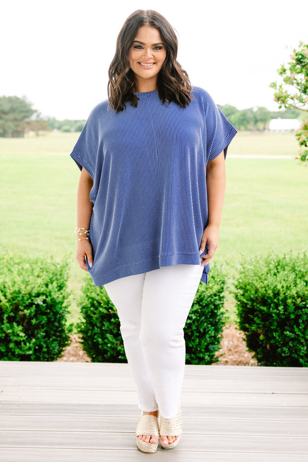 Plus Size dark blue ribbed knit oversized top with short sleeves and a round neckline.