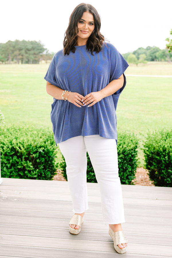 Plus Size dark blue ribbed knit oversized top with short sleeves and a round neckline.