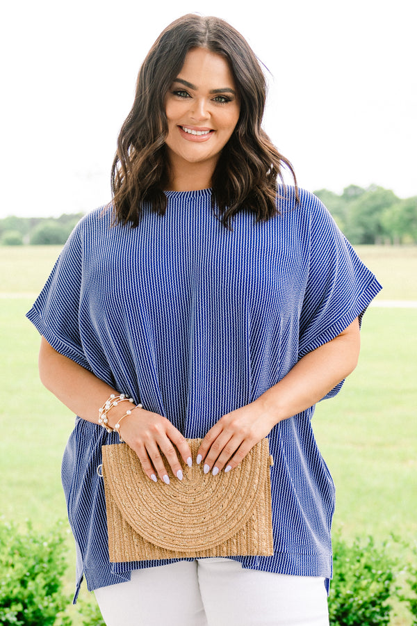 Plus Size dark blue ribbed knit oversized top with short sleeves and a round neckline.