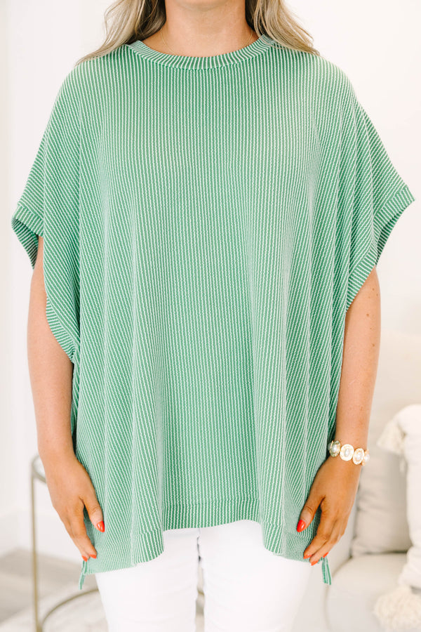 Chic Soul plus size clothing, green ribbed short sleeve flowy top with round neckline and cuff sleeves