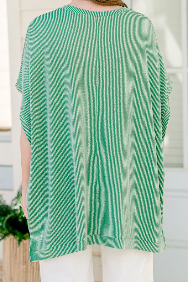 Chic Soul plus size clothing, green ribbed short sleeve flowy top with round neckline and cuff sleeves