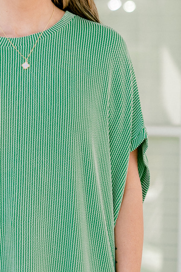 Chic Soul plus size clothing, green ribbed short sleeve flowy top with round neckline and cuff sleeves