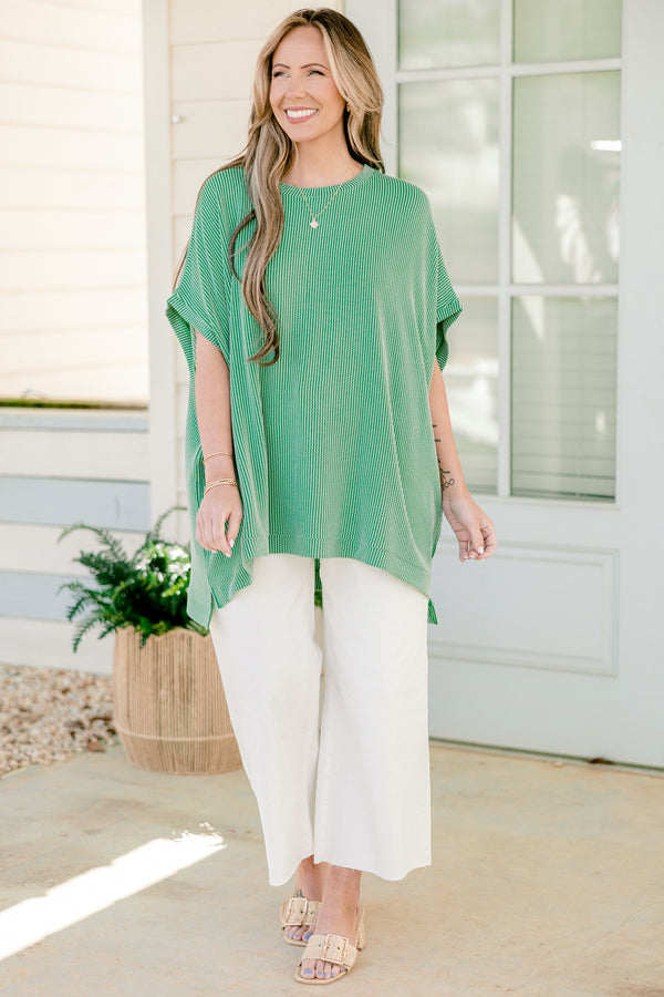 Chic Soul plus size clothing, green ribbed short sleeve flowy top with round neckline and cuff sleeves