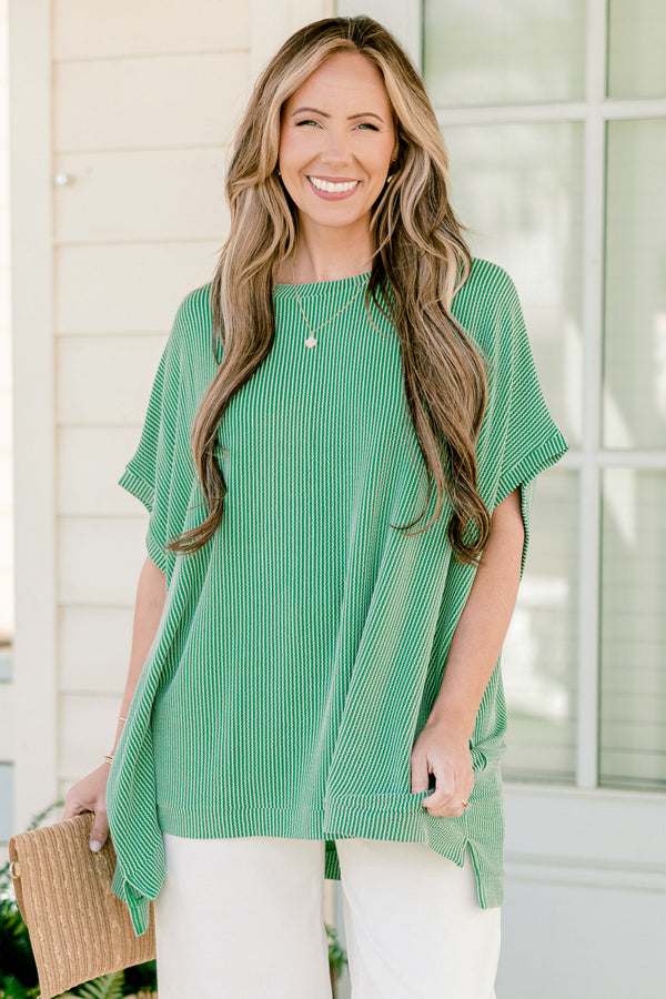 Chic Soul plus size clothing, green ribbed short sleeve flowy top with round neckline and cuff sleeves