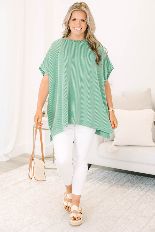 Chic Soul plus size clothing, green ribbed short sleeve flowy top with round neckline and cuff sleeves