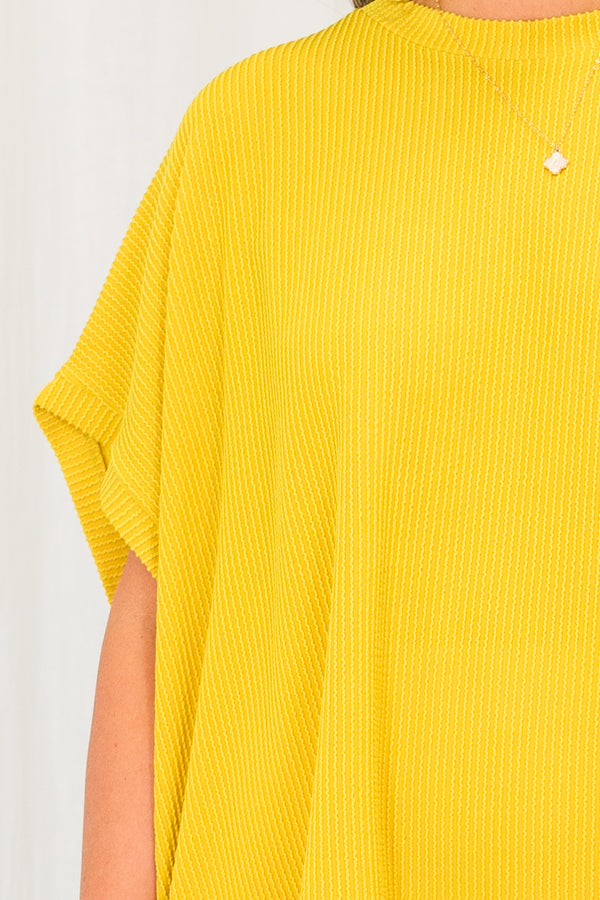 Chic Soul plus size clothing, short sleeve high-neckline mustard yellow top with ribbed detailing