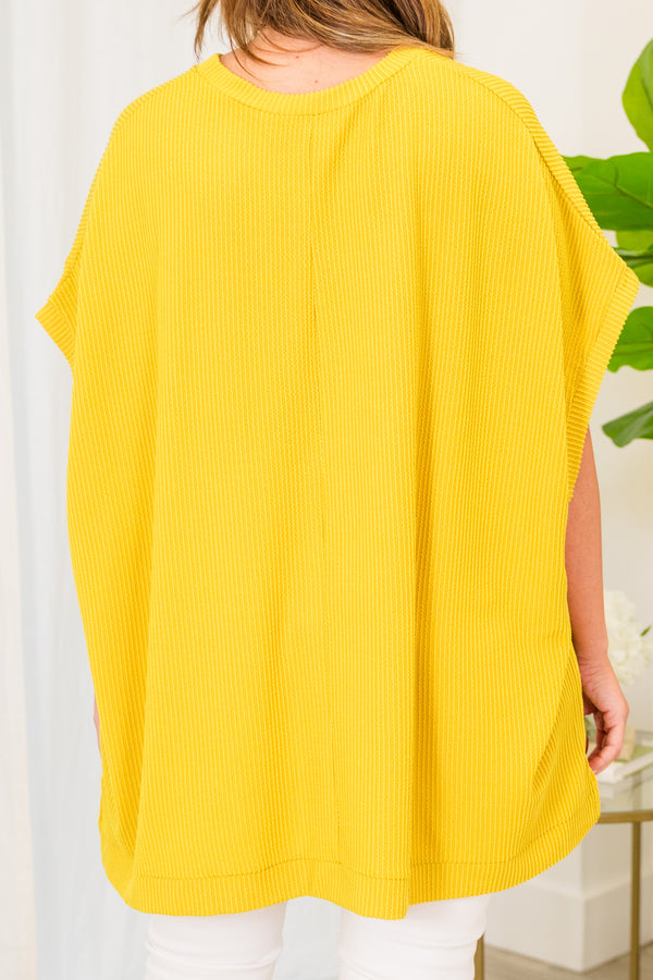 Chic Soul plus size clothing, short sleeve high-neckline mustard yellow top with ribbed detailing