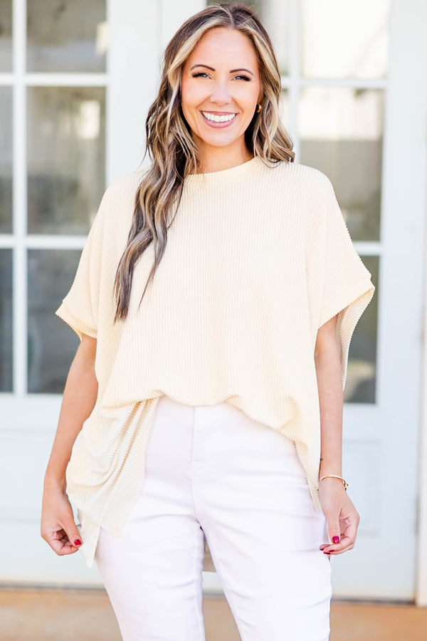 Chis Soul plus size clothing, ribbed knit oatmeal short sleeve top