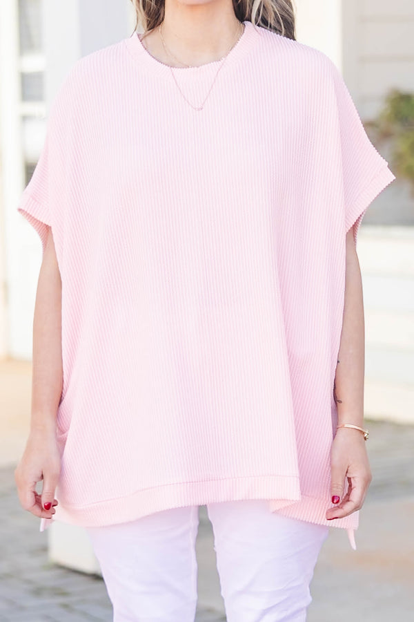 Chis Soul plus size clothing, ribbed knit pale peach short sleeve top