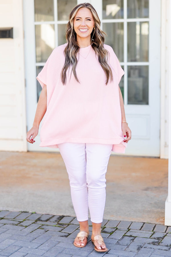 Chis Soul plus size clothing, ribbed knit pale peach short sleeve top