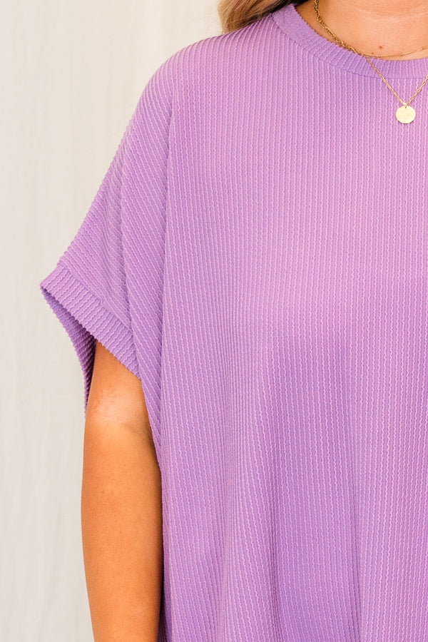Chic Soul plus size clothing, short sleeve purple ribbed top with high-neckline