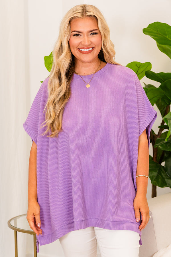 Chic Soul plus size clothing, short sleeve purple ribbed top with high-neckline