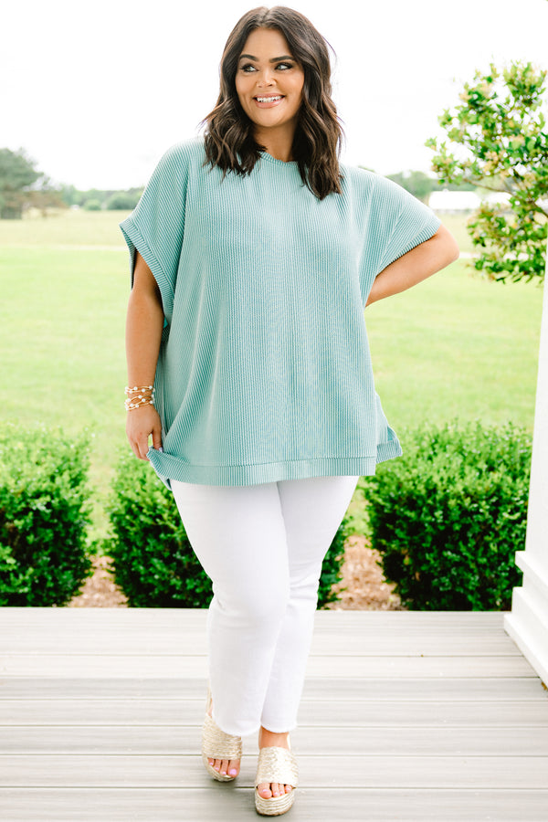 Chic Soul plus size clothing, short-sleeve ribbed turquoise green top