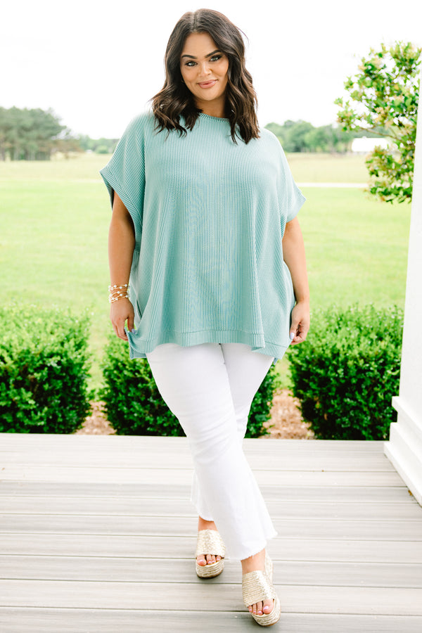 Chic Soul plus size clothing, short-sleeve ribbed turquoise green top