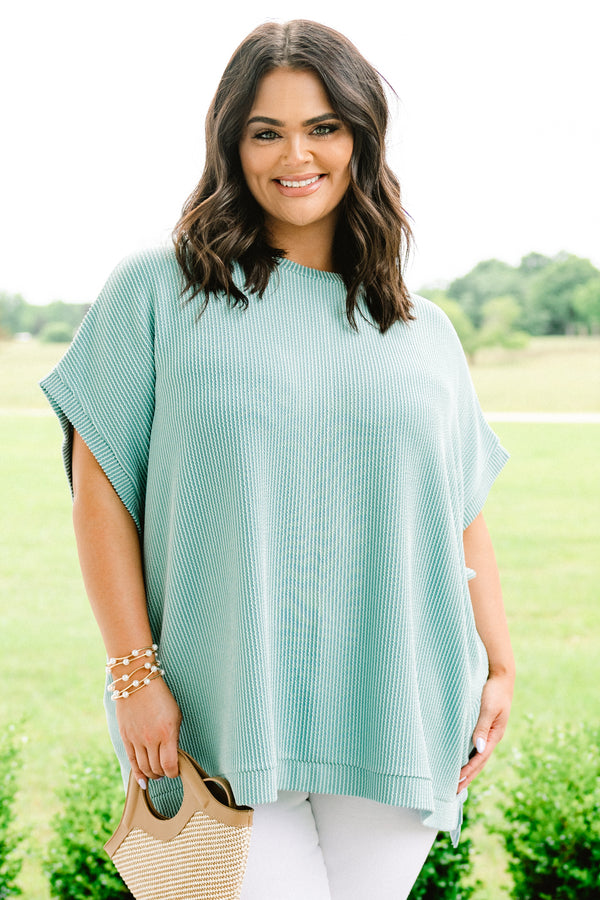 Chic Soul plus size clothing, short-sleeve ribbed turquoise green top