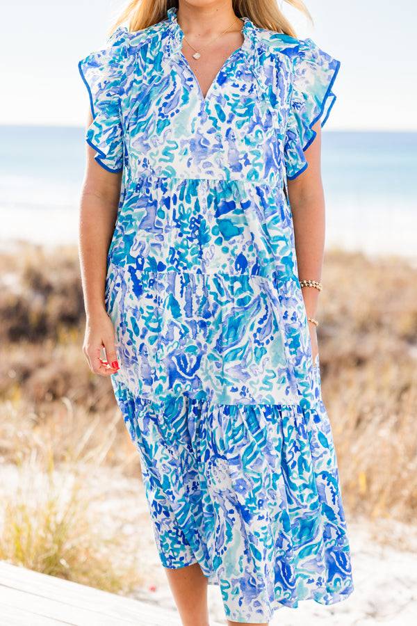 Chic Soul Plus Size Clothing, blue abstract tiered dress with flutter sleeves