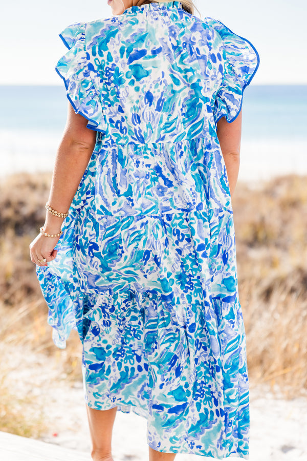 Chic Soul Plus Size Clothing, blue abstract tiered dress with flutter sleeves