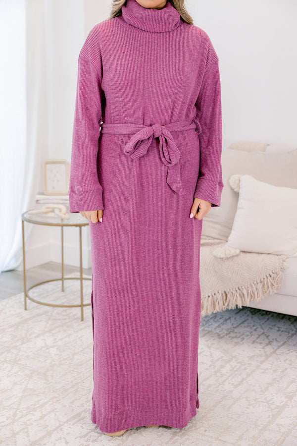 Chic Soul plus size clothing, long sleeve violet purple maxi dress with side slit, tied waist belt and turtleneck details
