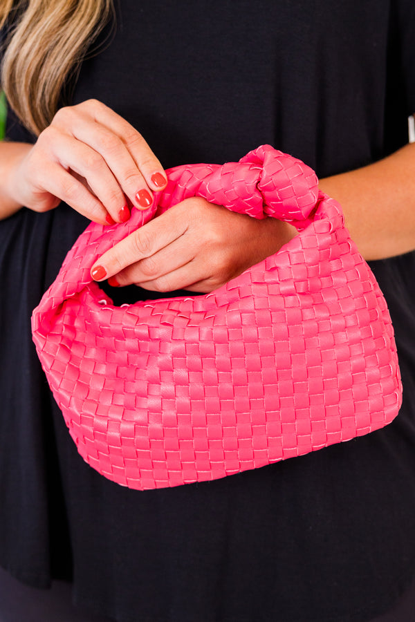 Chic Soul plus size clothing, fuchsia basket woven handbag with knot detail on strap