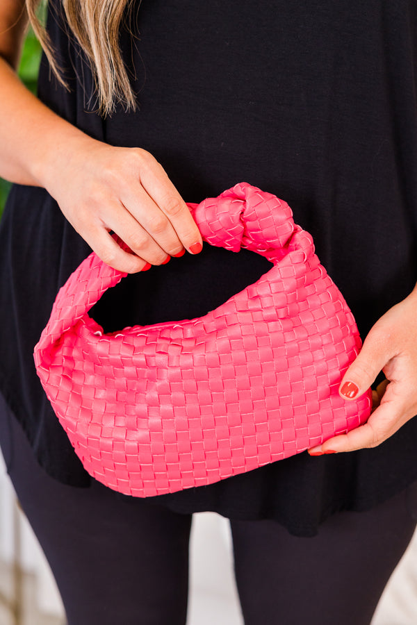 Chic Soul plus size clothing, fuchsia basket woven handbag with knot detail on strap