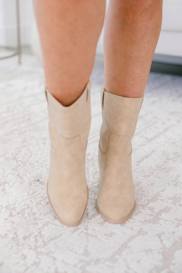 Chic Soul plus size clothing, light tan suede western style booties with block heel