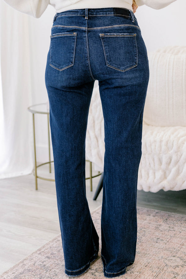 Chic Soul plus size clothing, dark wash bootcut jeans with a slightly distressed hem
