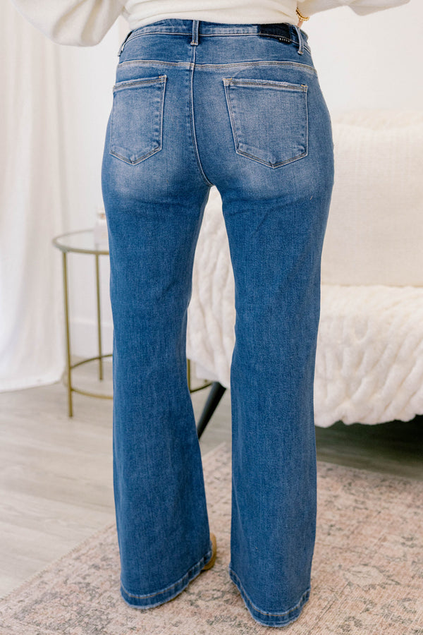 Chic Soul plus size clothing, medium wash slightly bootcut finished hem blue jeans