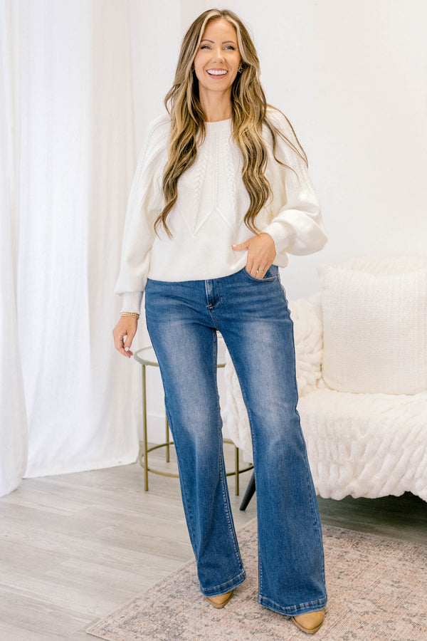 Chic Soul plus size clothing, medium wash slightly bootcut finished hem blue jeans