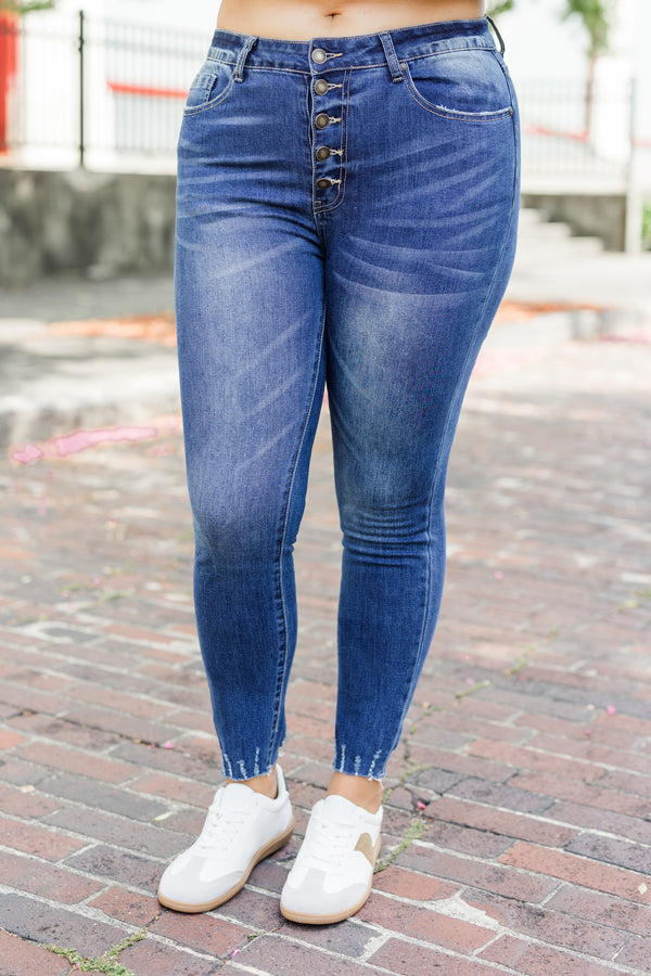 Chic Soul plus size clothing, dark wash skinny jeans with raw hem distressing at the bottom with multi button up clasps