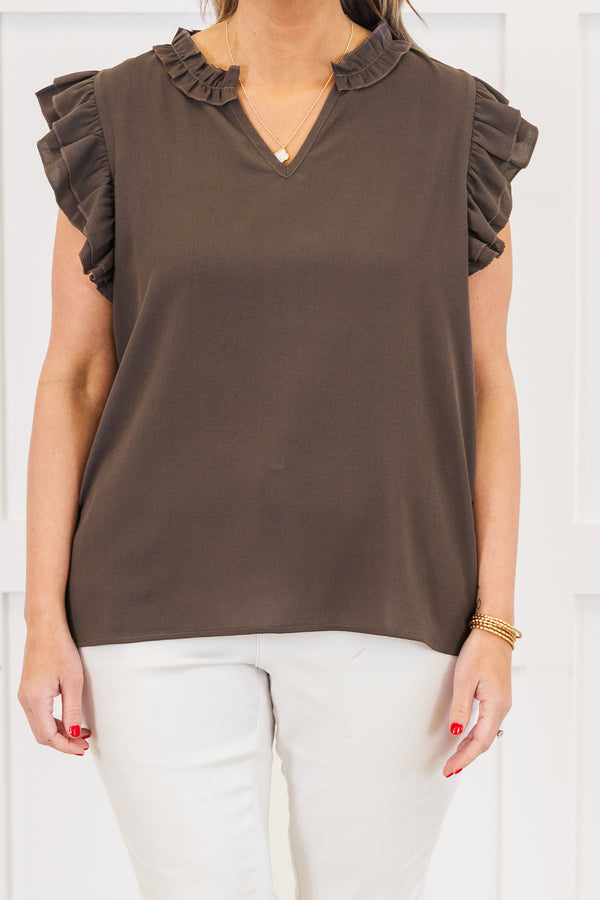 Chic Soul plus size clothing, brown short sleeve plain tank top with v cutout along neckline with ruffle on neckline with tiered ruffle sleeve detail