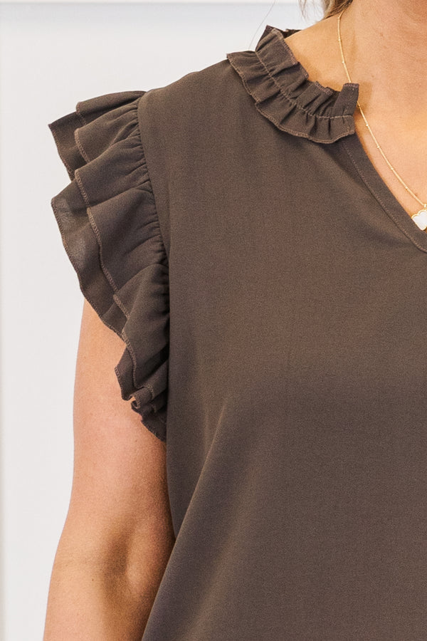 Chic Soul plus size clothing, brown short sleeve plain tank top with v cutout along neckline with ruffle on neckline with tiered ruffle sleeve detail