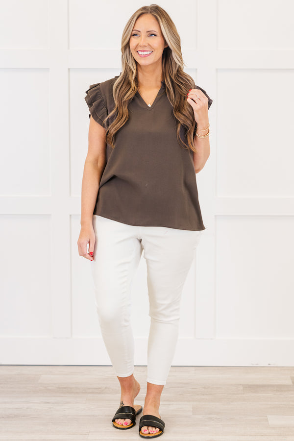 Chic Soul plus size clothing, brown short sleeve plain tank top with v cutout along neckline with ruffle on neckline with tiered ruffle sleeve detail