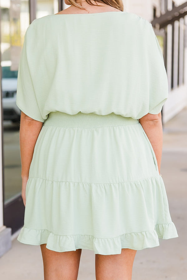 Chic Soul plus size clothing, mint green mini dress with short flowy sleeves and v neckline with smocked synched waist with ruffle tier skirt