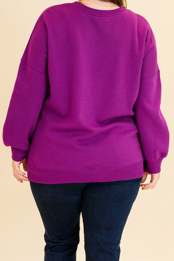 Chic Soul plus size clothing, light plum purple long sleeve pullover with round neckline and cuff sleeves with band along the bottom
