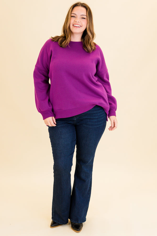 Chic Soul plus size clothing, light plum purple long sleeve pullover with round neckline and cuff sleeves with band along the bottom
