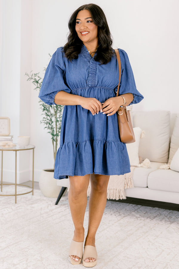 Chic Soul plus size clothing, medium wash denim blue short puff sleeve flair baby doll dress
