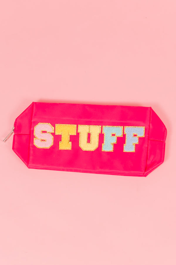 Chic Soul plus size clothing, fuchsia nylon bag with fuzzy multi letters spelling 