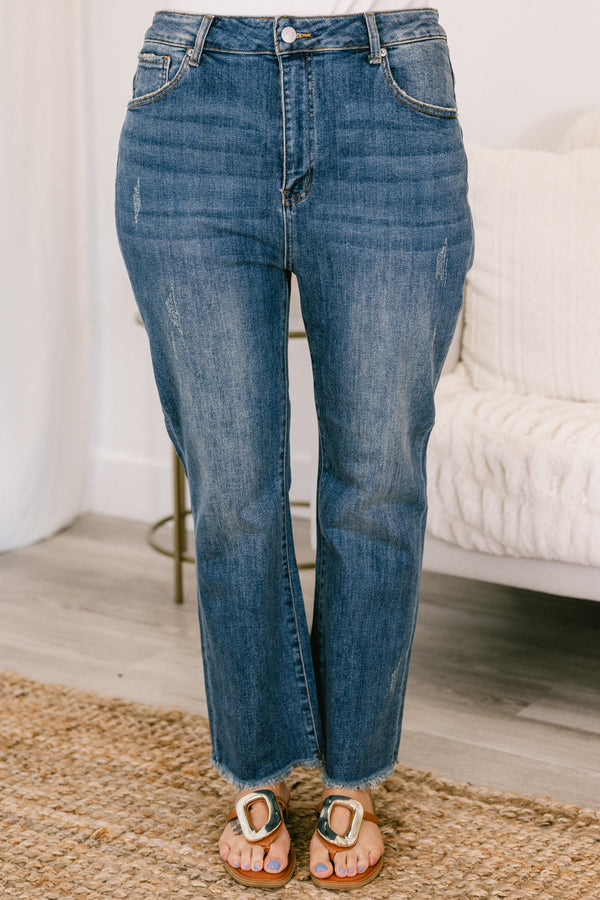 Chic Soul plus size clothing, mid-waisted medium wash denim blue jeans with a cropped straight leg and a distressed hem 