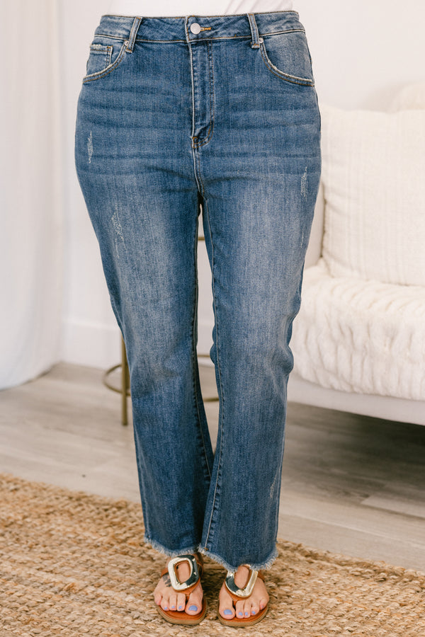 Chic Soul plus size clothing, mid-waisted medium wash denim blue jeans with a cropped straight leg and a distressed hem 