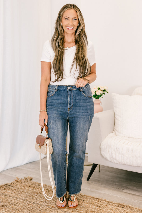 Chic Soul plus size clothing, mid-waisted medium wash denim blue jeans with a cropped straight leg and a distressed hem 