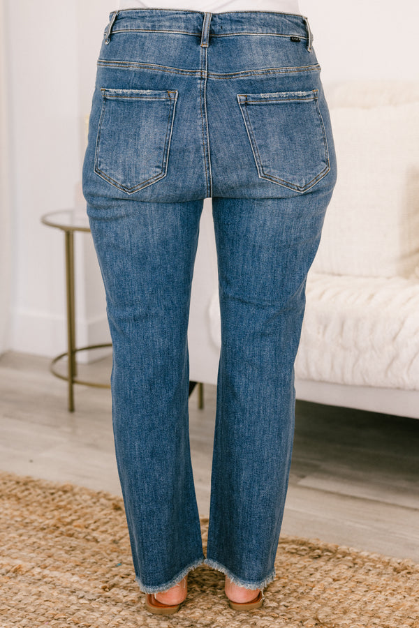 Chic Soul plus size clothing, mid-waisted medium wash denim blue jeans with a cropped straight leg and a distressed hem 