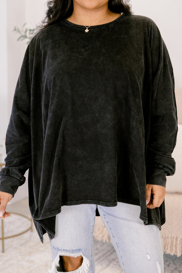 Chic Soul plus size clothing, black acid wash long sleeve crew neck tunic 