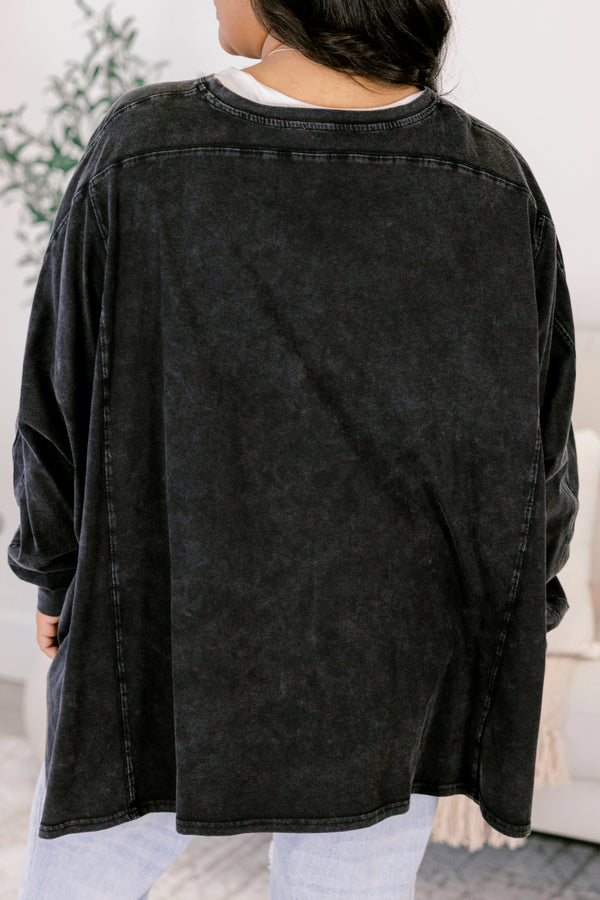 Chic Soul plus size clothing, black acid wash long sleeve crew neck tunic 