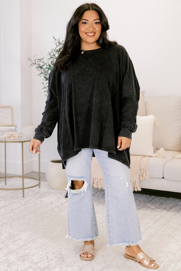 Chic Soul plus size clothing, black acid wash long sleeve crew neck tunic 