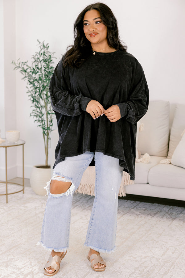 Chic Soul plus size clothing, black acid wash long sleeve crew neck tunic 