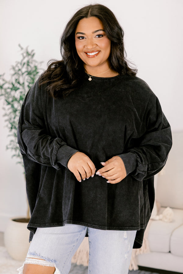 Chic Soul plus size clothing, black acid wash long sleeve crew neck tunic 